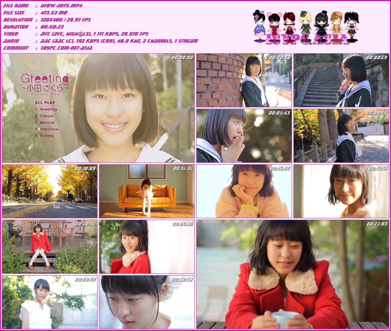 UFBW-2075 Sakura Oda - Greeting，UFBW-2075 Sakura Oda DVD - Greeting 〜小田さくら〜 - 
小田さくらDVD「Greeting ～小田さくら～」 / 小田さくら (モーニング娘。)
モーニング娘。第11期メンバー 小田さくら1st.DVDリリース! モーニング娘。第11期オーディションに見事合格し、ついに夢見ていた舞台へと踏み出した彼女。研修生として合格に至るまでの道のりや、現在に至るまでの緊張や喜びなどを語ったインタビューも収録! 個性輝く彼女の魅力がたっぷり詰まった作品になっています。